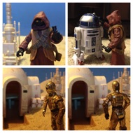 He is restrained by a slimy Jawa, who zaps him with a control box. Artoo freezes in place and lets out a pathetic sigh. Threepio turns back towards the homestead and sadly starts to walk away. #starwars #anhwt #starwarstoycrew #jbscrew #blackdeathcrew #starwarstoypix #toyshelf 
